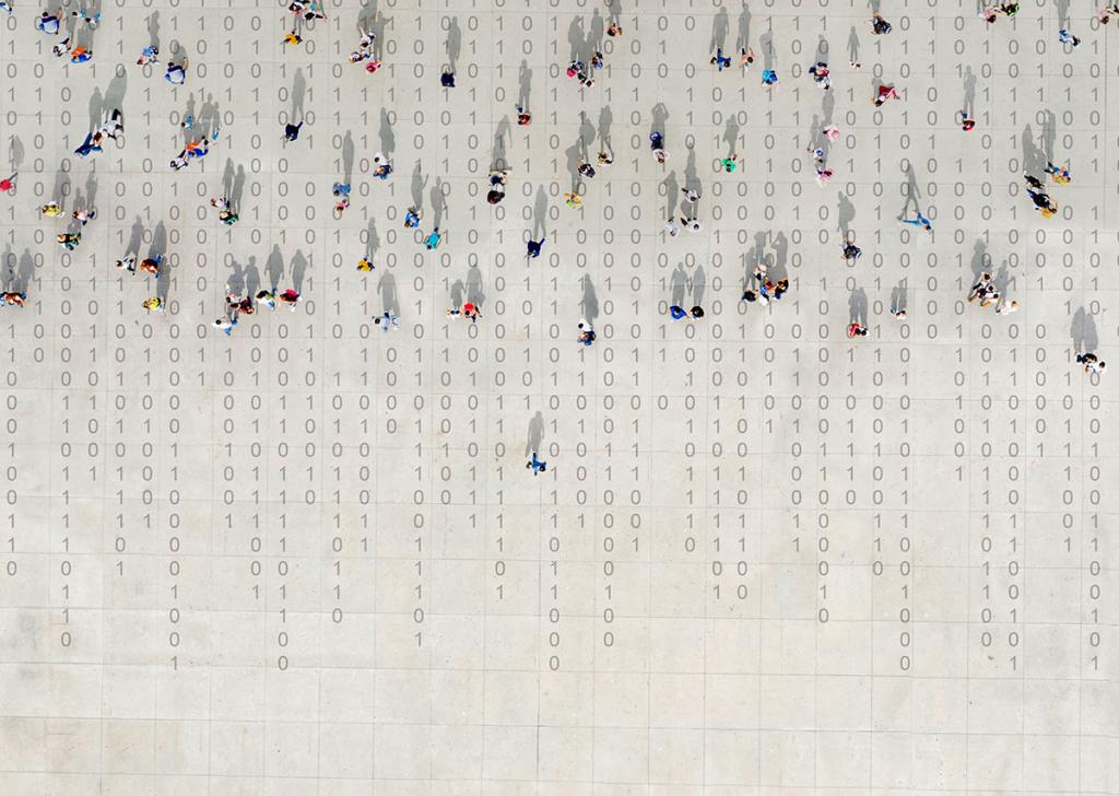 overhead image of a crowd people walking over a digital background