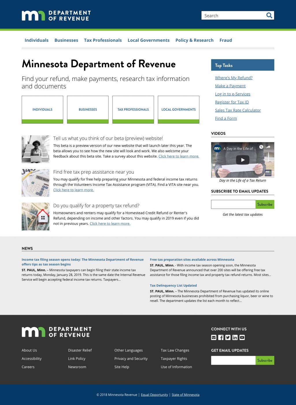 screenshot of homepage for Revenue site